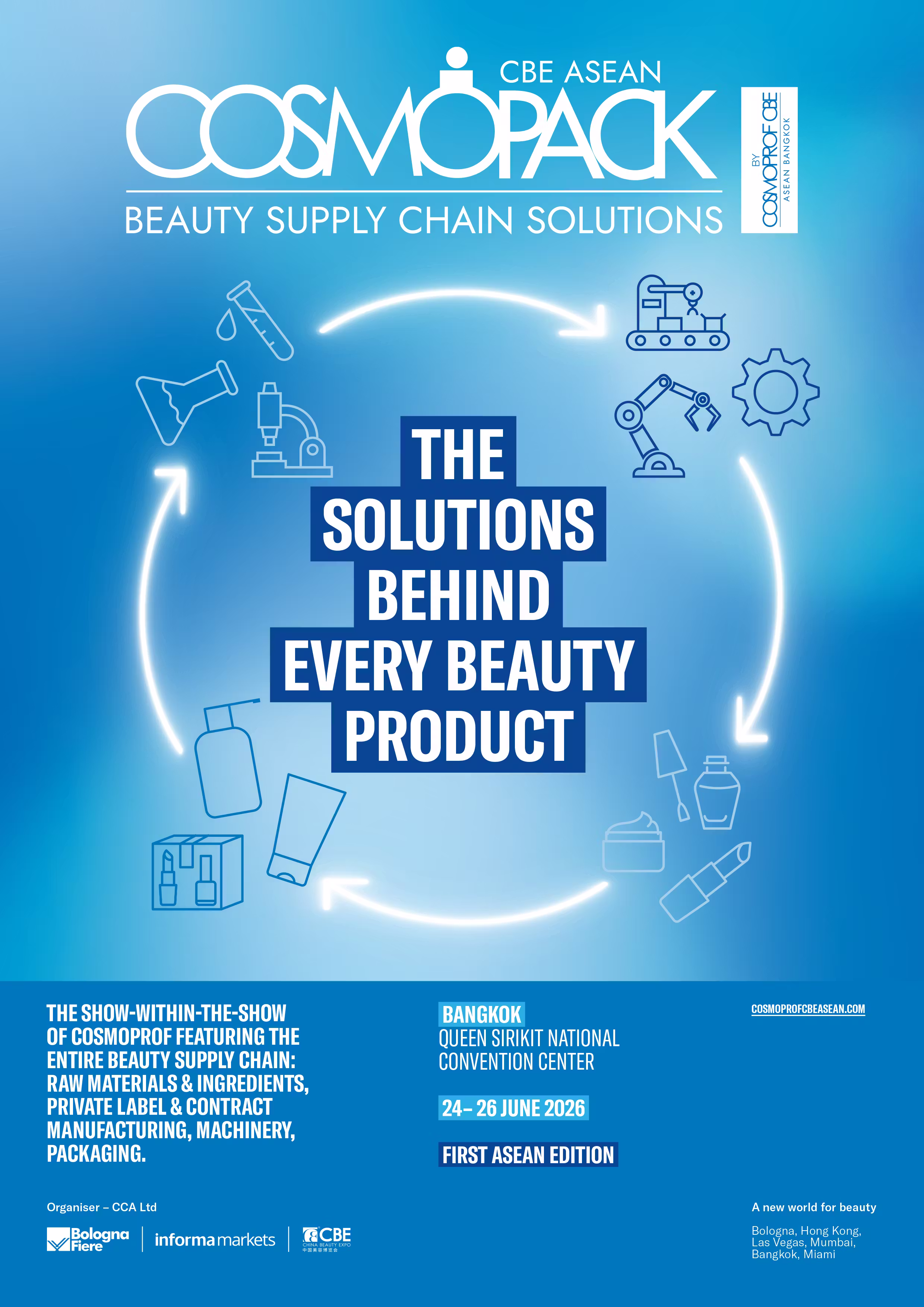 Cosmopack CBE ASEAN is a premier B2B international trade show and a “show within a show” dedicated specifically to the entire beauty supply chain in Southeast Asia. Making its official debut in June 2026 at the Queen Sirikit National Convention Center (QSNCC) in Bangkok, it complements the broader Cosmoprof CBE ASEAN exhibition by focusing on the manufacturing and development side of the beauty industry.The 1st edition of Cosmopack CBE ASEAN will take place at the Queen Sirikit National Convention Center in Bangkok, Thailand from 24 to 26 June, 2026.