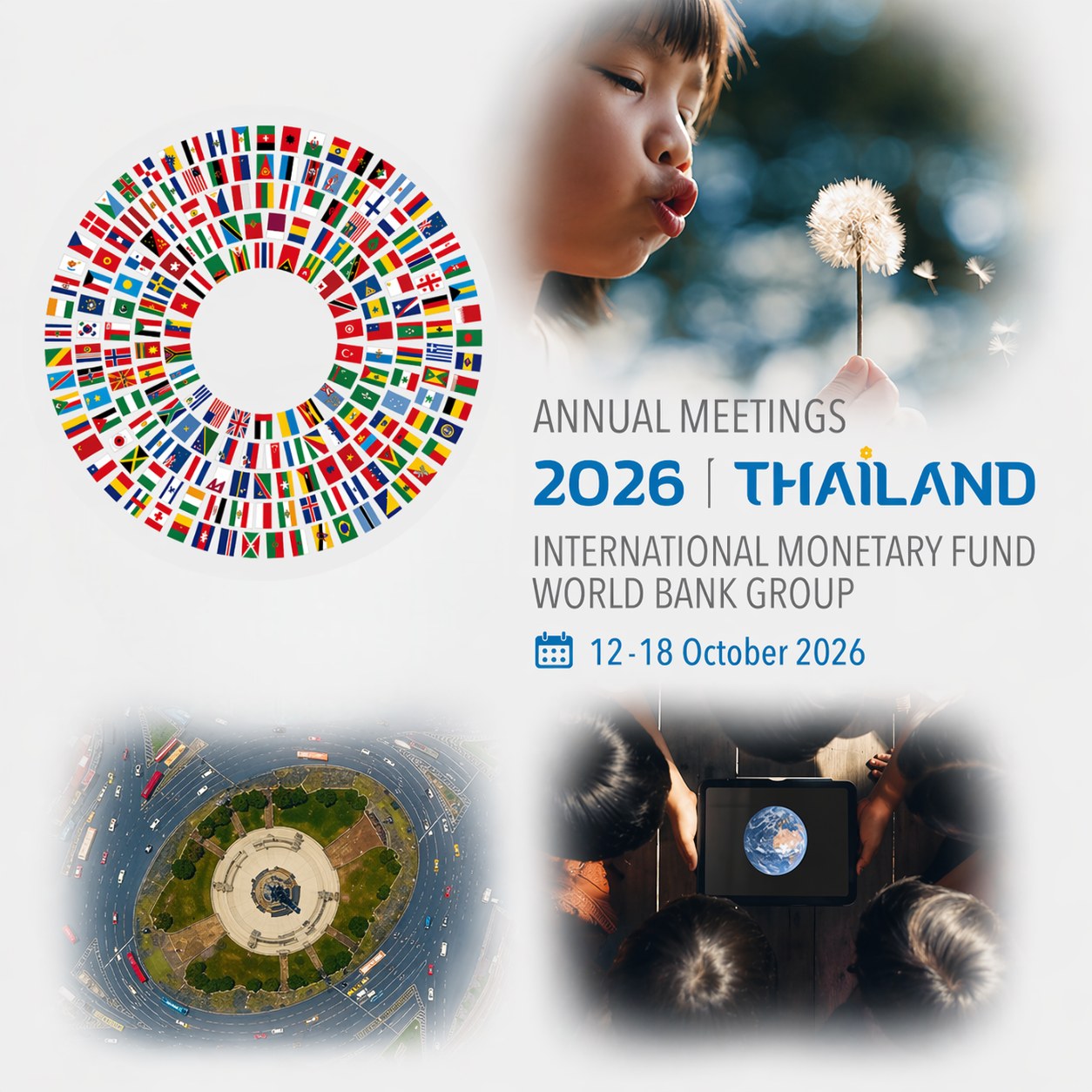 The 2026 Annual Meetings of the International Monetary Fund and the World Bank Group will take place from Monday, October 12 to Sunday, October 18 in Bangkok, Thailand. Keystones of the Annual Meetings are the Plenary session, the Development Committee and the International Monetary and Financial Committee meetings. Other featured events include regional briefings, press conferences, and fora focused on international development, the global economy, and financial markets.
