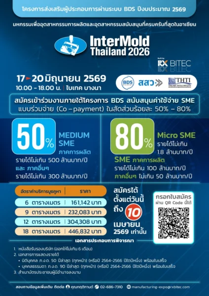 The biggest gathering of mold and die manufacturers will come together at InterMold Thailand, the annual event of the industry where they can experience the next level of productivity through the next generation of mold-making machinery and maintenance technologies from over 250 brands of tools and tooling, 3D printing providers and mold & die OEM’s.